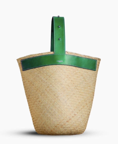 Borneo Rattan Straw Bag - Green Leather Strap