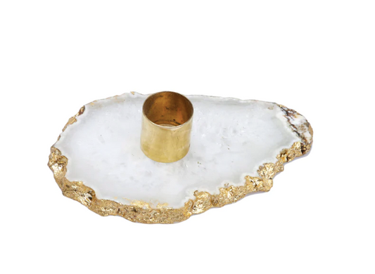 Flat Agate Stone Candle Holder with Gold Rim