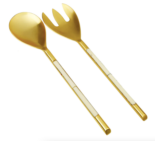 Gold Stainless Steel Salad Servers With White Handle