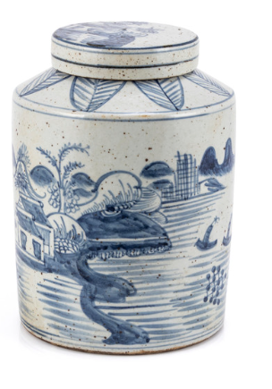 Blue and White Village House Tea Jar