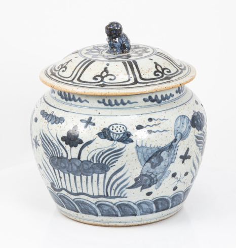 Blue and White Fish Lotus Rice Jar