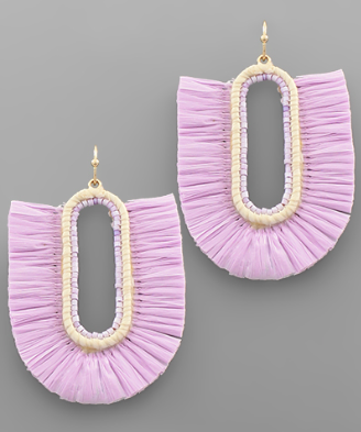 Raffia and Beaded Oblong Hoop Earrings